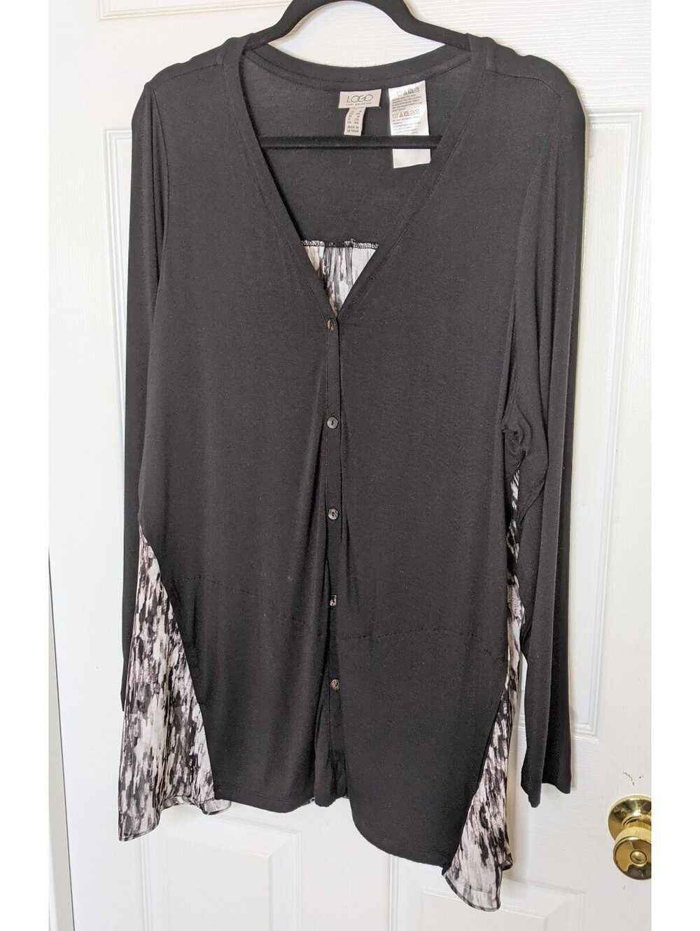 LOGO by Lori Goldstein Knit Cardigan with Printed Chiffon Back Black Size 1X